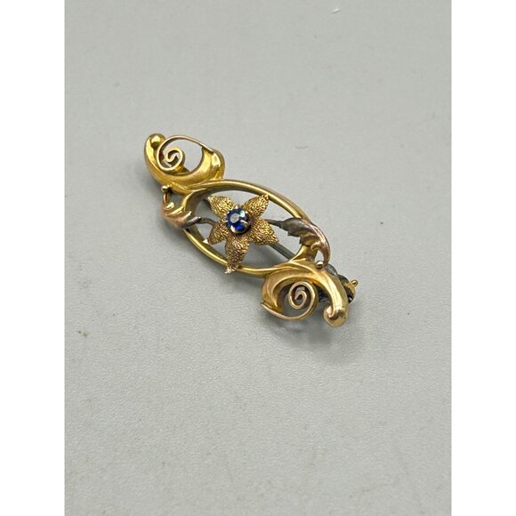 Antique 9kt 375 Gold Floral Brooch with Blue Gemstone Accent Bar Pin - Picture 2 of 9
